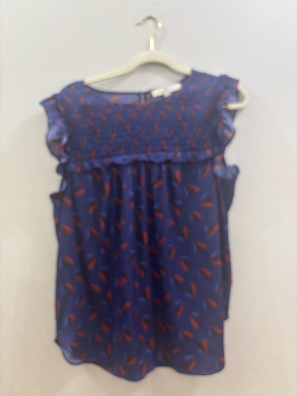 Loft leaf Blue Printed Ruffle Yoke Women's Top medium